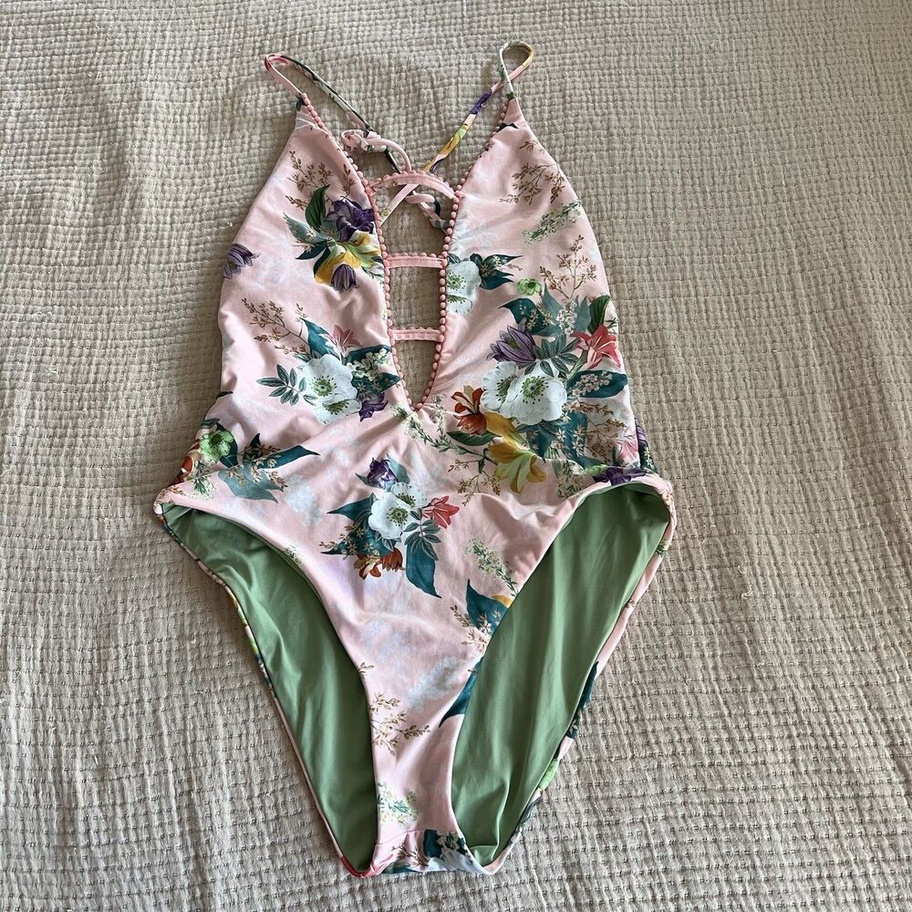 Isabella Rose Blossoms V-Neck Plunge One Piece Swimsuit Women Large‎ Pink Floral